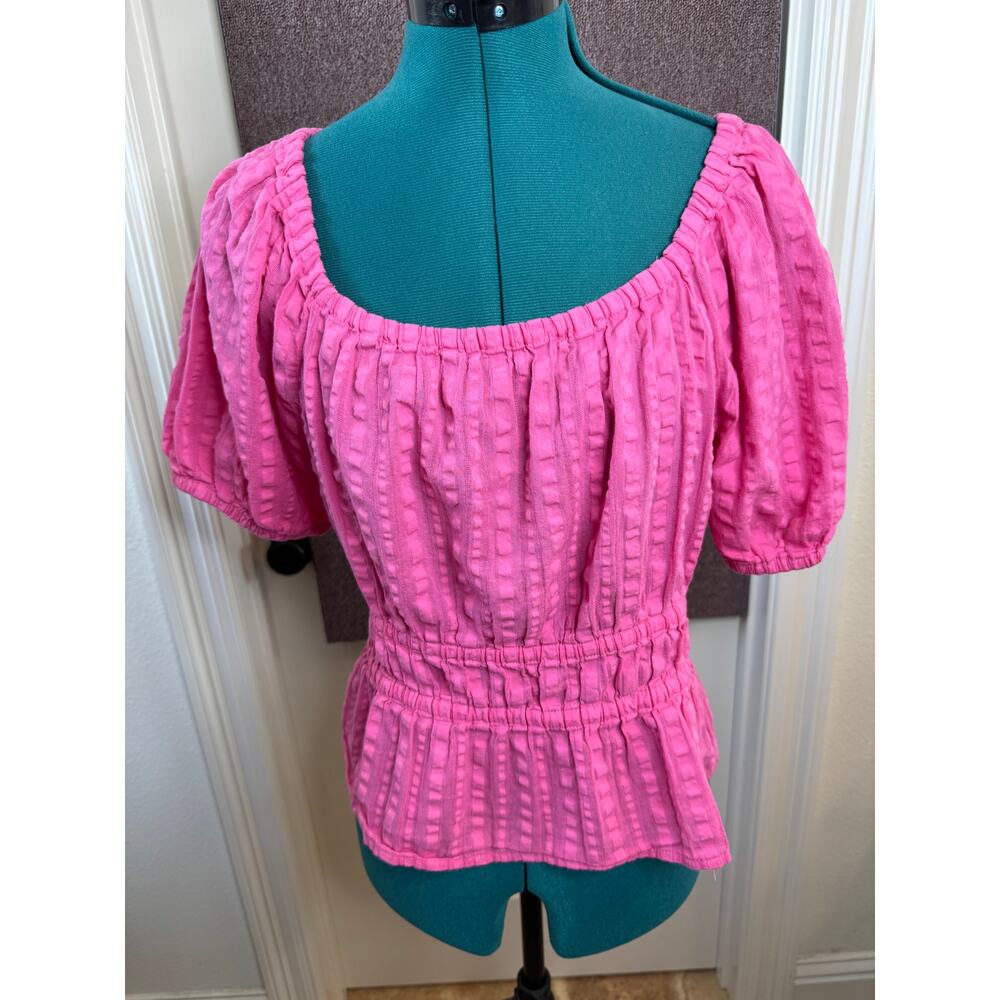 Tommy Hilfiger Puffy Short Sleeve Pullover Blouse Gathered Waist 100% Cotton M